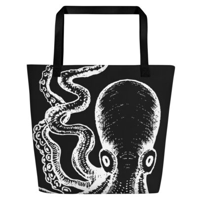 sac de plage noir avec pieuvre géante blanche