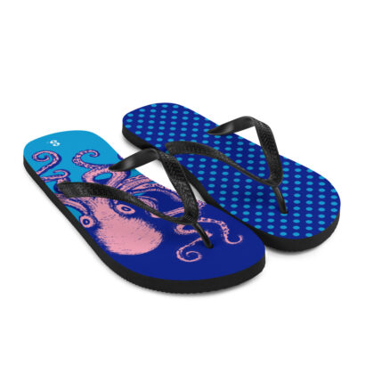 sandales flip flop avec pois bleus et illustration pieuvre rose vue de côté 4