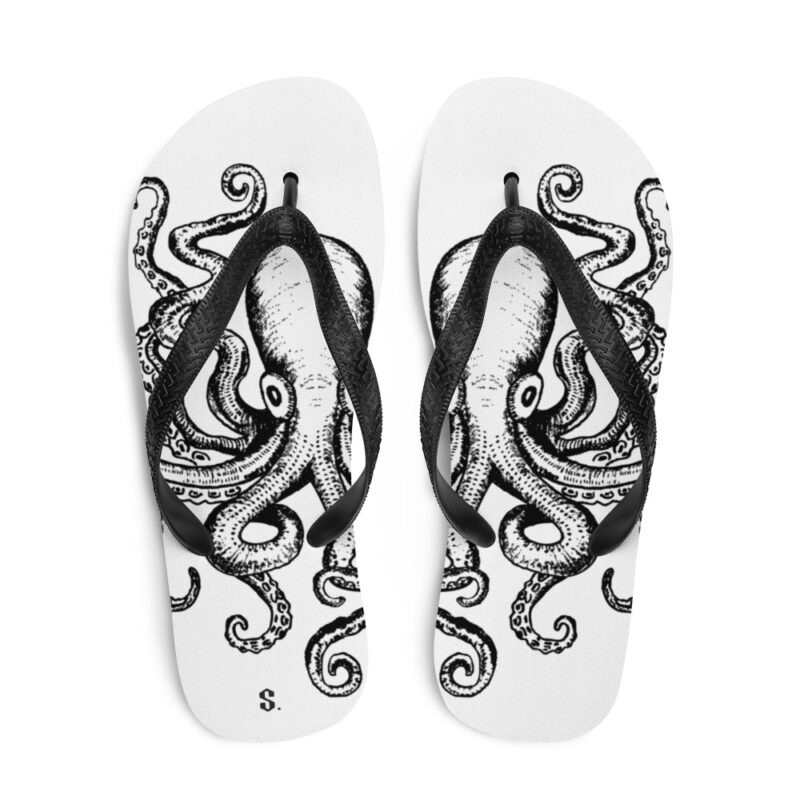 sandale avec illustration de pieuvre géante noire sur fond blanc